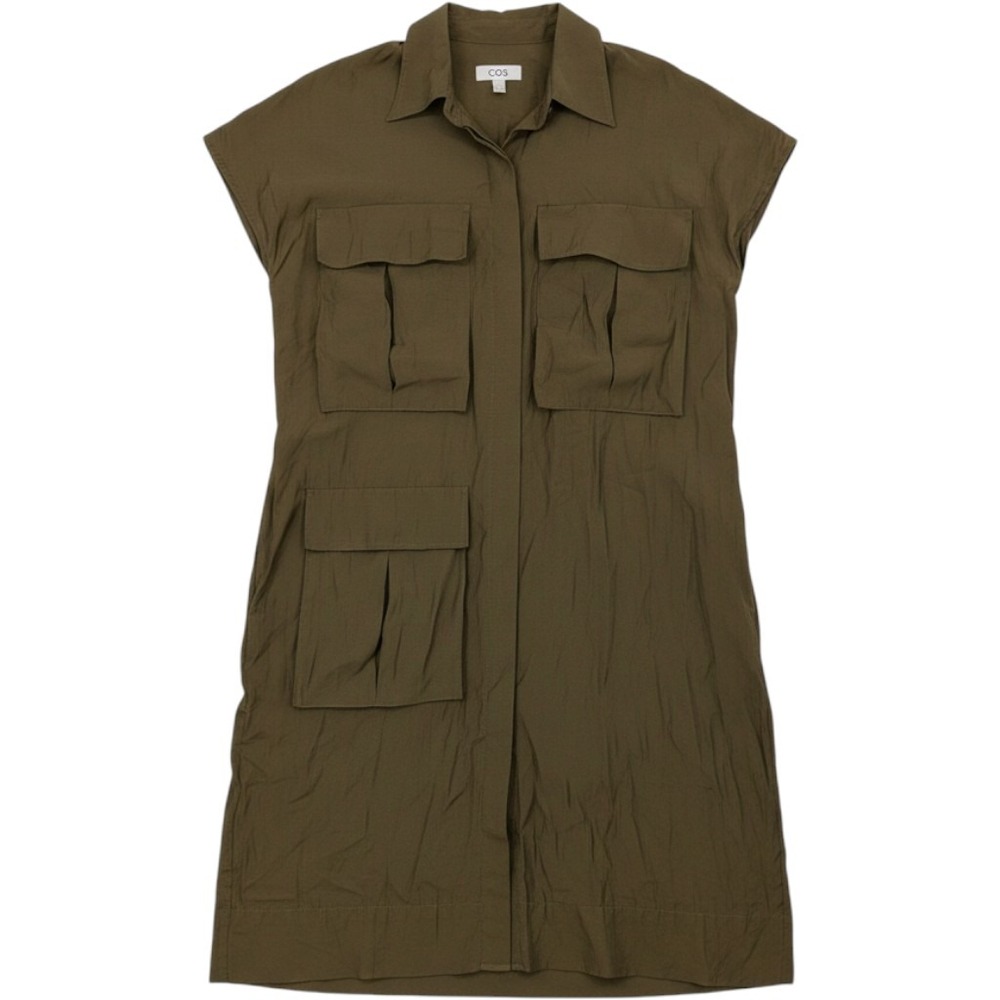COS Shirt Dress Women 8 Olive Green Utility Cargo Midi Short Sleeve Gorpcore